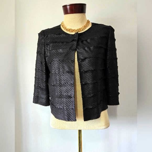 Joan & David Lightweight Black Cropped Textured Jacket With Mulberry Silk Trim. - Picture 1 of 10